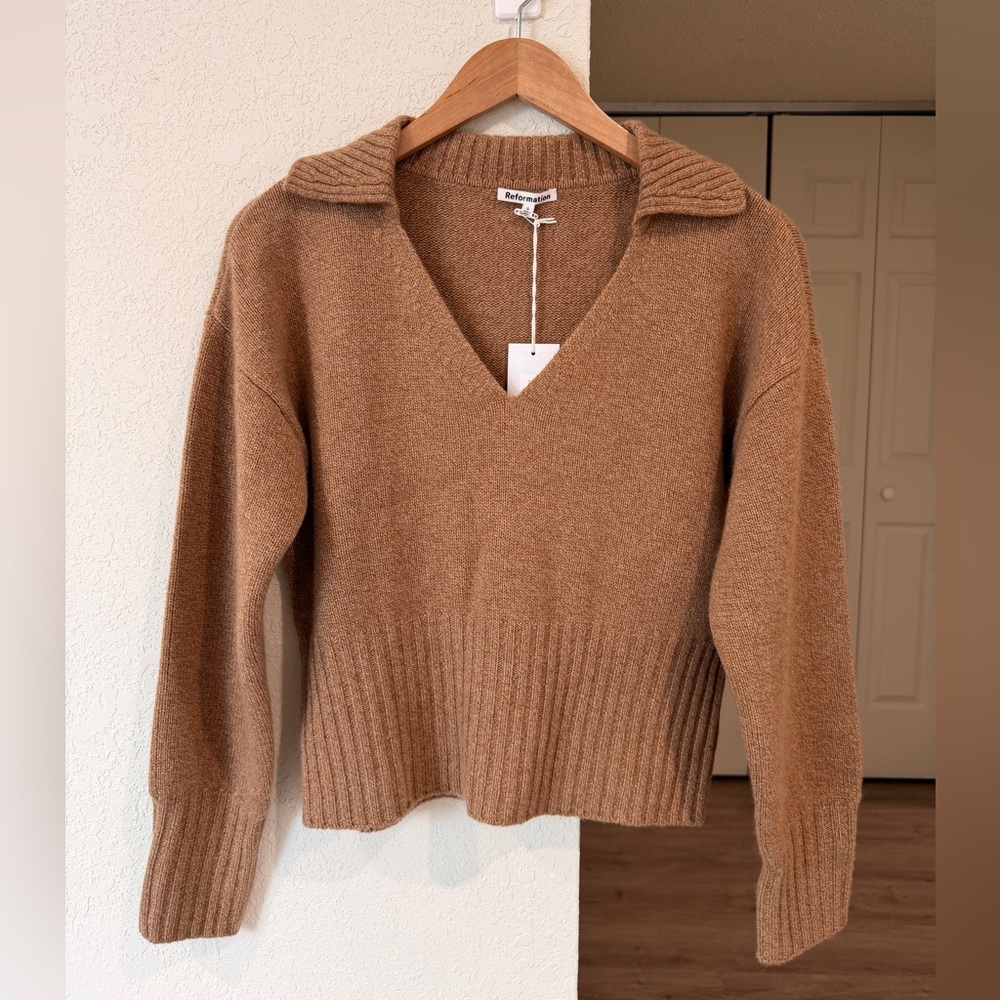 Reformation Beckie Cashmere Collared Sweater - Panko (Brown) (XS) (NWT)